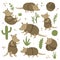 cute armadillo set and cactus on white background