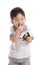 Cute asian child eating rice ball or onigiri