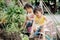 Cute asian child girl helping mother planting or cutivate the plants. Mom and daughter engaging in gardening at home.