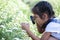 Cute asian child girl looking beautiful flower through a magnify