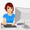 Cute asian female designer in office working with digital graphic tablet and digital pen
