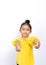 Cute asian girl kids smile and show great hand on white backgrounds