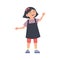 Cute asian girl in overalls waving hello, cartoon childcare vector character. Chinese kid in her hair wave goodbye.