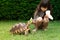 Cute Asian girl sitting and feeding turtles with vegetables on green grass. Concept Turtle