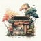 Cute asian restaurant. AI generative watercolor illustration