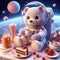 A cute astronaut bear in a chill pose, having breakfast at the outer spcae, planet, with cake, coffee, tea, juice, cartoon, pixar