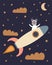 Cute astronaut bear on a space rocket with clouds, stars and the moon as a background