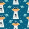 Cute astronaut being abducted by aliens in a UFO - seamless pattern design