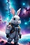 A cute astronaut bunny rabbit in a galaxy, with stars, nebula, dreamy, chill, cartoon style, astronaut vibes, fantasy art