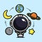 Cute astronaut cartoon characters are playing throwing various planets, moon and earth