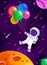 Cute astronaut cartoon floating with balloon planet in space background. Happy birthday postcard. Colorful universe