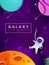 Cute astronaut cartoon floating with planet in space background. Colorful universe. Game design. Fantasy space planets