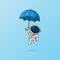 Cute astronaut flying into the sky with an umbrella