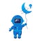 Cute astronaut keeps abstract balloon like a moon. Funny cosmonaut.