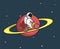 Cute astronaut rides on bicycle at the Saturn