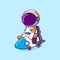 The cute astronaut is riding a small rocket nuclear which have four small wheels