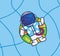 cute astronaut swim in private pool with lifebuoy. cartoon travel holiday vacation summer concept Isolated illustration. Flat