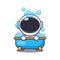 Cute astronaut taking bubble bath in bathtub cartoon vector illustration