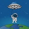 Cute astronauts fly into the sky on a UFO