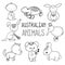 Cute australian animals outlined drawing. Animals of Australia hand-drawn illustration.