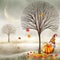 Cute autumn gnome with pumpkin on fantasy woodland background. Halloween gnome. Fall maple leaves, autumn trees, moon forest