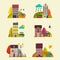 Cute autumn Houses. Vector. Nature landscape background with little houses..