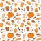 Cute autumn pattern with hot drinks and bakery, pumpkin pie, leaves pattern. Fall season design