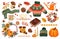 Cute autumn set, november acorn, yellow falling foliage. Kid candle and mushrooms, october apples, cozy forest, pumpkin