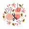 Cute autumn vector card illustration with leaves, yarn ball, branch, berries and other fall elements