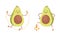 Cute avocado doing sports set. Funny healthy nutritious fruit jumping with skipping rope and playing soccer cartoon