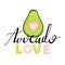 Cute avocado fruit with heart and trendy lettering. Stylish typography slogan design `Avocado love` sign.