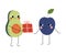 Cute Avocado Giving Gift Box to Smiling Plum, Cheerful Fruits Characters with Funny Faces, Best Friends, Happy Couple in