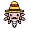 A cute axolotl animal cartoon character wearing a Mexican hat