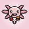 Cute axolotl animal cartoon characters drinking and eating hamburgers