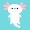 Cute axolotl. Mexican salamander. White axolotyl. Ambysoma mexicanum. Cartoon kawaii funny smiling baby character. Water dragon.