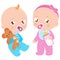 Cute babies. Baby girl and baby boy with milk bottle and teddy bear toy. Vector Illustration