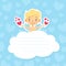 Cute Baby Angel on Cloud with Space for Text, Adorable Little Cupid in Heaven with Hearts in his Hands Style Vector