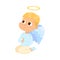 Cute Baby Angel Praying on His Knees, Angelic Boy with Wings and Halo Cartoon Style Vector Illustration