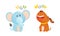 Cute baby animals making sounds set. Elephant and dog saying ugh and woof vector illustration
