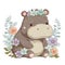 Cute Baby Baby Hippopotamus Floral, Spring Flowers, illustration ,clipart, isolated on white background