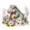 Cute Baby Baby Hippopotamus Floral, Spring Flowers, illustration ,clipart, isolated on white background