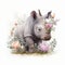 Cute Baby Baby Rhino Floral, Spring Flowers, illustration ,clipart, isolated on white background