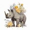 Cute Baby Baby Rhino Floral, Spring Flowers, illustration ,clipart, isolated on white background