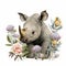 Cute Baby Baby Rhino Floral, Spring Flowers, illustration ,clipart, isolated on white background