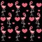 Cute baby background with pink flamingos and heart on a black ba