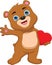 Cute baby bear cartoon waving and holding love heart sign
