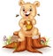 Cute baby bear holding honey pot on tree stump