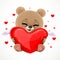 Cute baby bear hugs with love a big soft red heart sit on white background