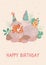 Cute baby birthday card. A small dinosaur hatched from an egg. Dino nest, celebration and fun. Festive vector card for