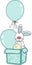 Cute baby boy bunny going out of gift box with balloons